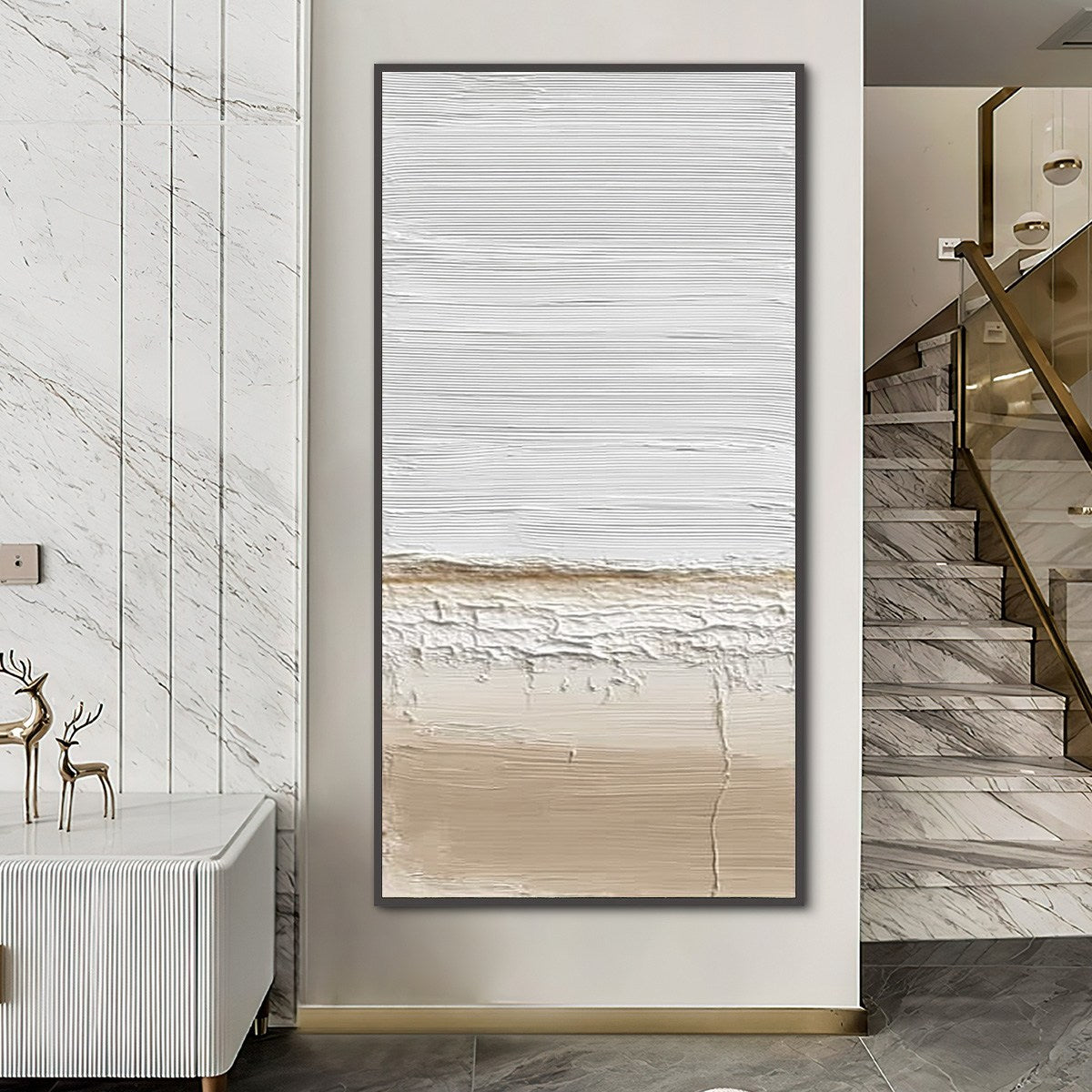 Earthen Horizon hand-painted white and beige textured coastal landscape painting shown with gold frame