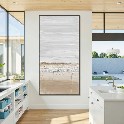 Earthen Horizon hand-painted white and beige textured coastal landscape painting shown with silver frame