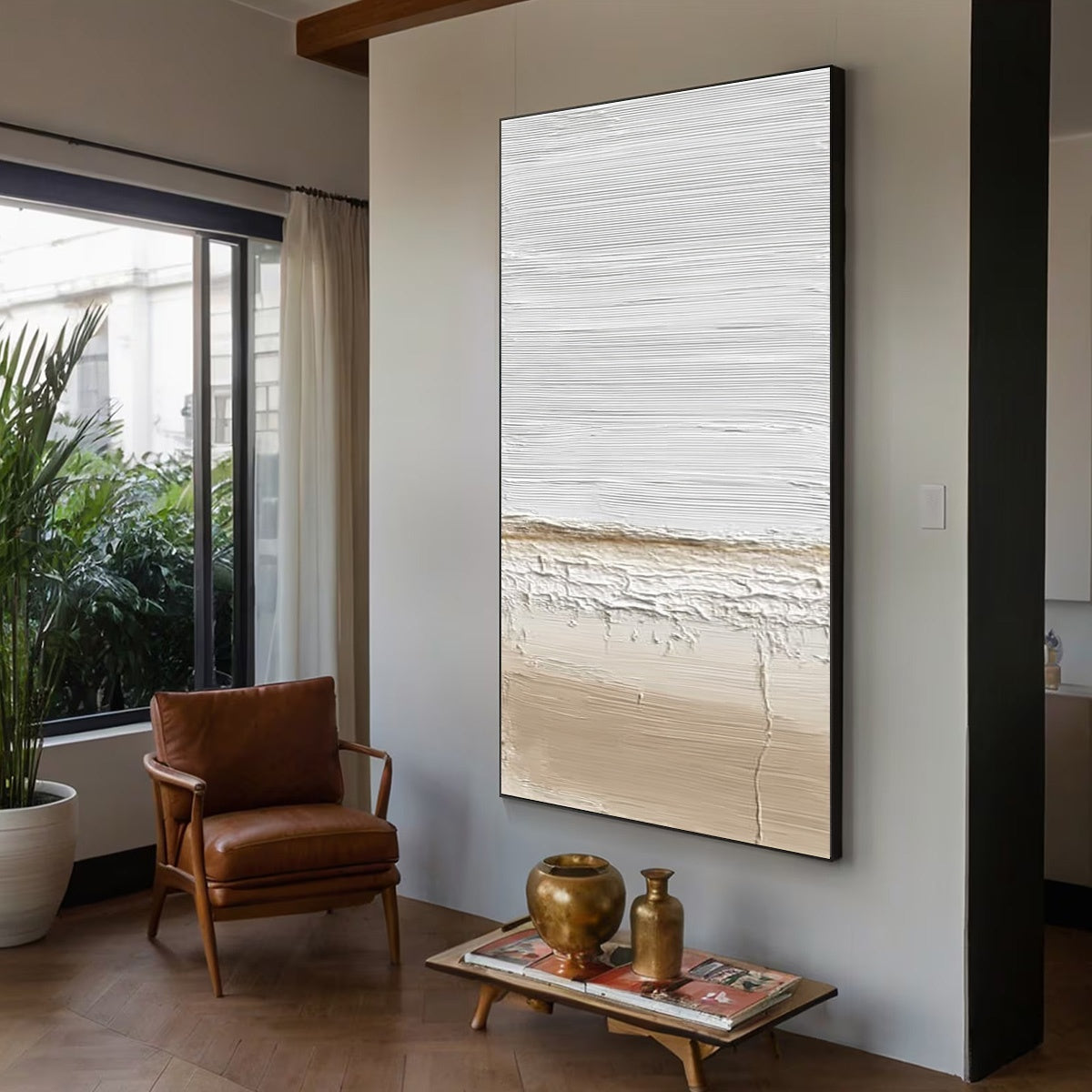 Earthen Horizon hand-painted white and beige textured coastal landscape painting shown with white frame