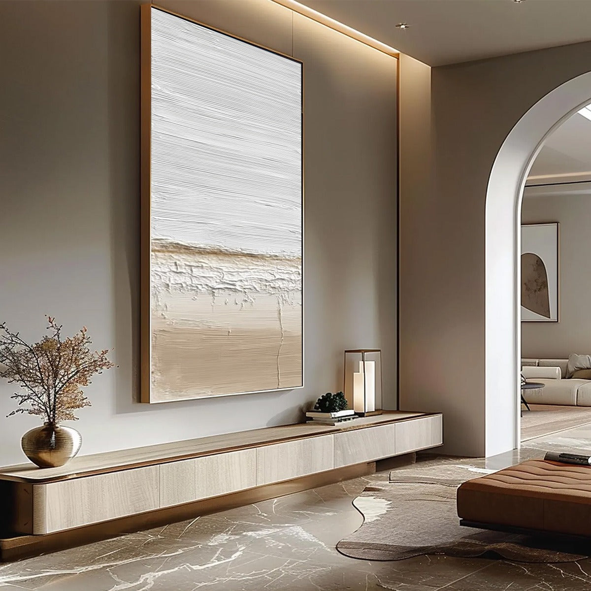 Earthen Horizon hand-painted white and beige textured coastal landscape painting shown with black frame