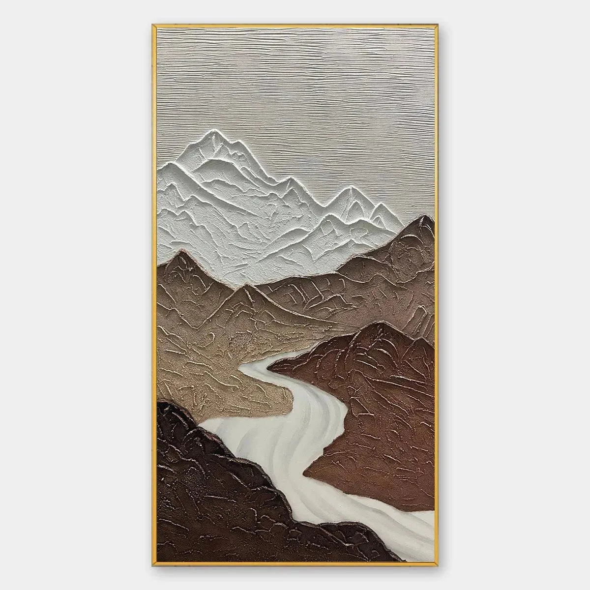 Earth River hand-painted white and earth brown textured mountain river landscape painting rolled canvas option