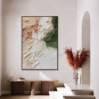 Earth's Embrace hand-painted ocean blue, ivory and soft neutral tones textured coastal abstract painting shown as stretched canvas