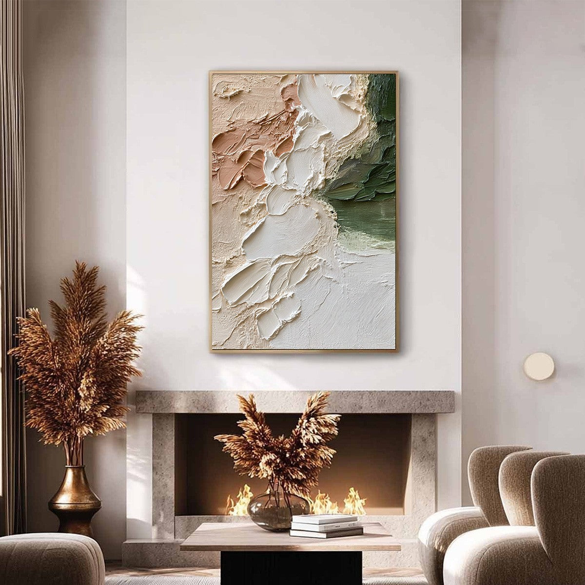 Earth's Embrace hand-painted ocean blue, ivory and soft neutral tones textured coastal abstract painting shown with silver frame