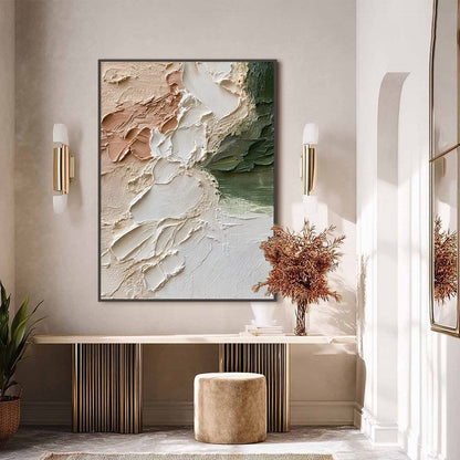 Earth's Embrace hand-painted ocean blue, ivory and soft neutral tones textured coastal abstract painting shown with black frame