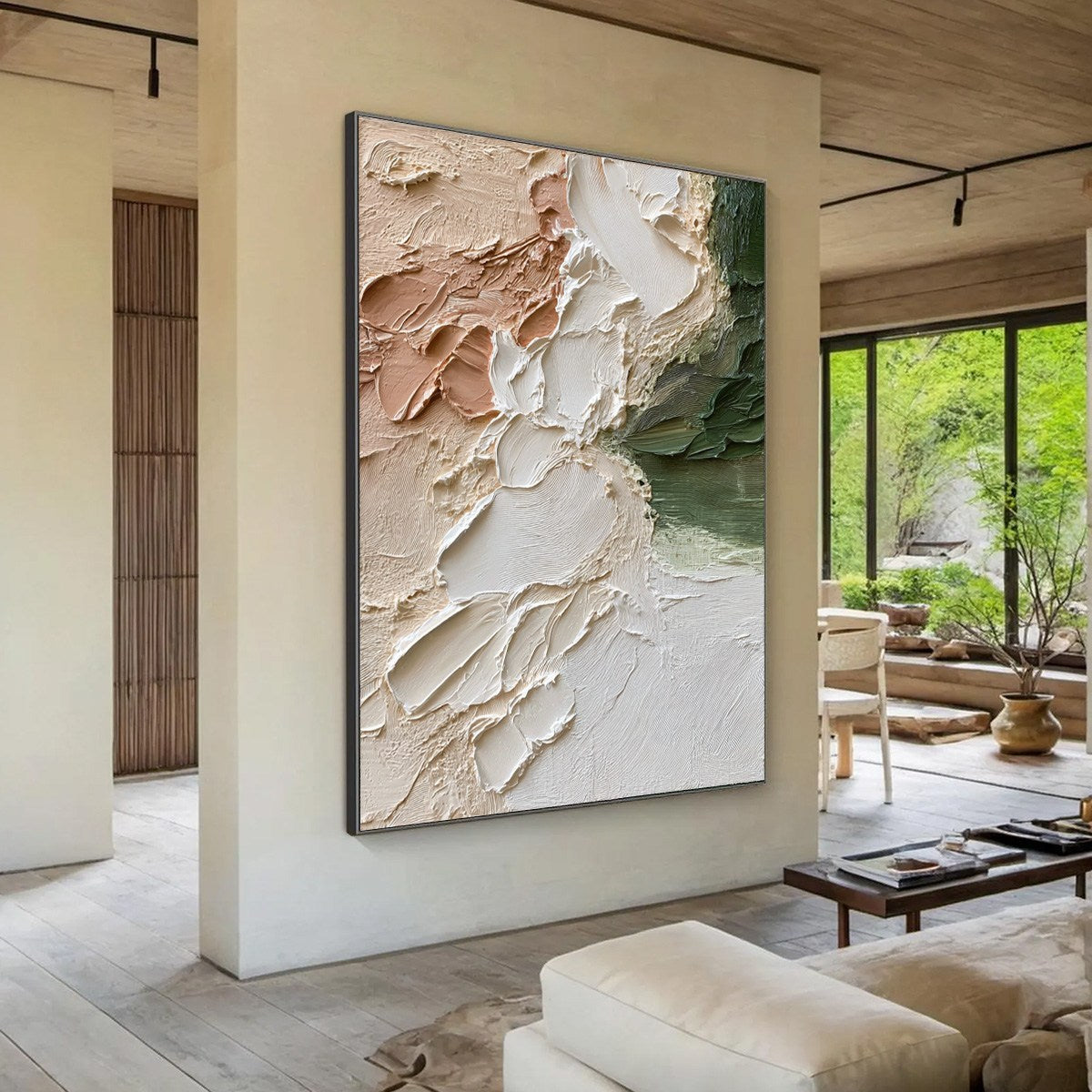 Earth's Embrace hand-painted ocean blue, ivory and soft neutral tones textured coastal abstract painting shown with wood frame