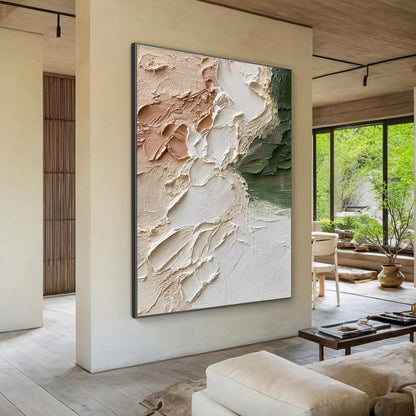 Earth's Embrace hand-painted ocean blue, ivory and soft neutral tones textured coastal abstract painting shown with wood frame