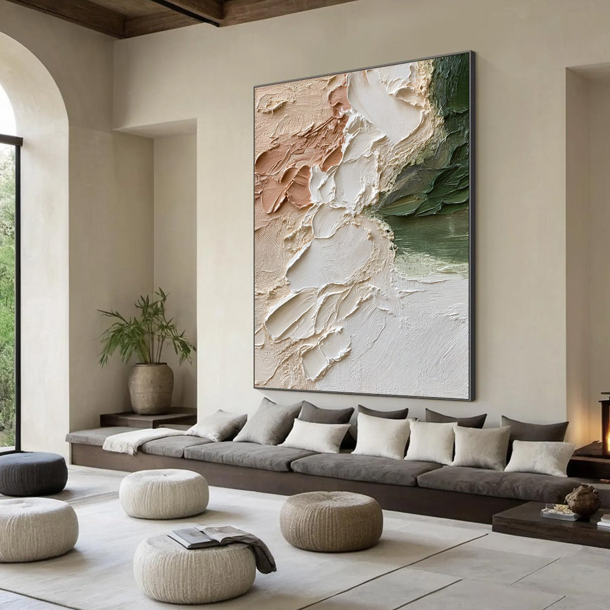 Earth's Embrace hand-painted ocean blue, ivory and soft neutral tones textured coastal abstract painting rolled canvas option