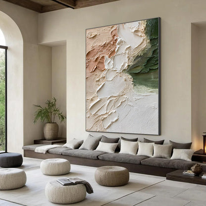 Earth's Embrace hand-painted ocean blue, ivory and soft neutral tones textured coastal abstract painting rolled canvas option