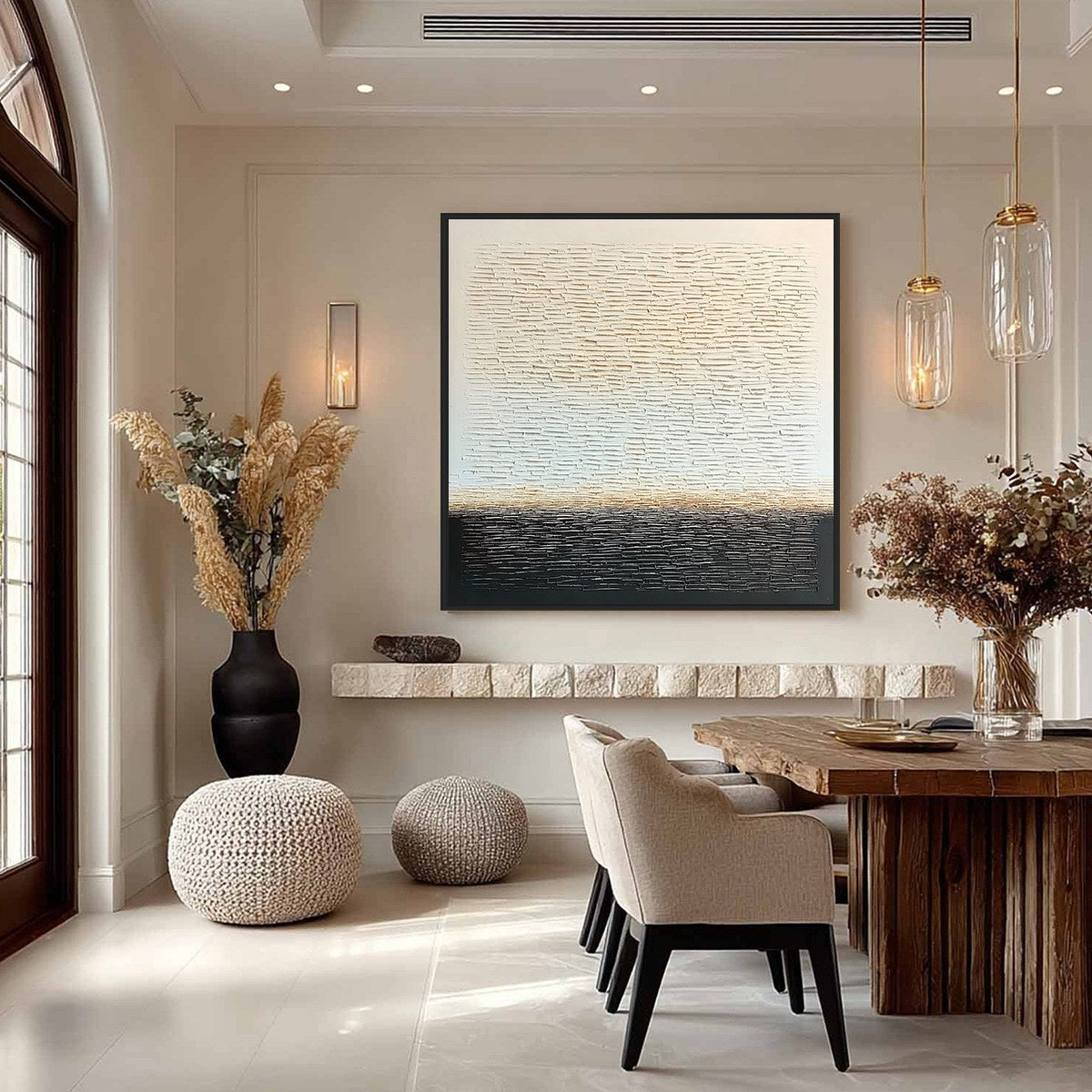 Black and White Wabi-Sabi Valley Textured Oil Painting – Echoes Of Stillness