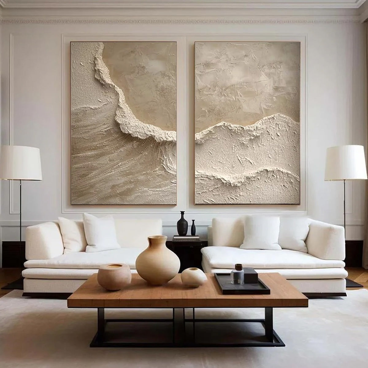 Echoes Of The Shore hand-painted beige and sand textured ocean wave painting shown with silver frame