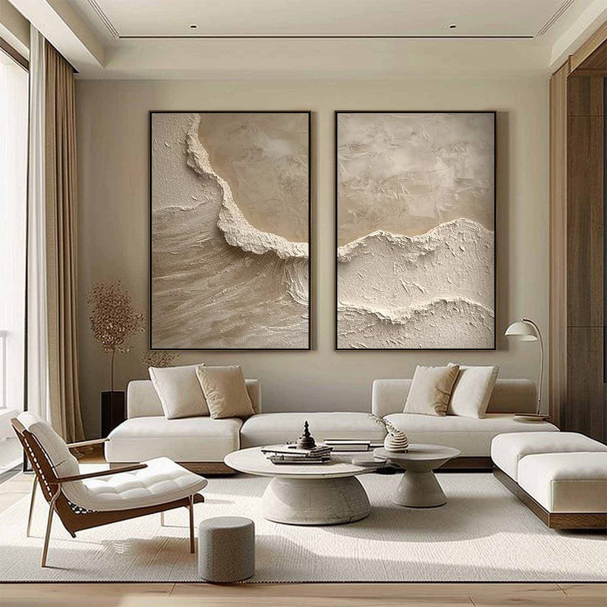 Echoes Of The Shore hand-painted beige and sand textured ocean wave painting shown with white frame