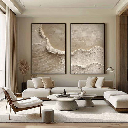Echoes Of The Shore hand-painted beige and sand textured ocean wave painting shown with white frame