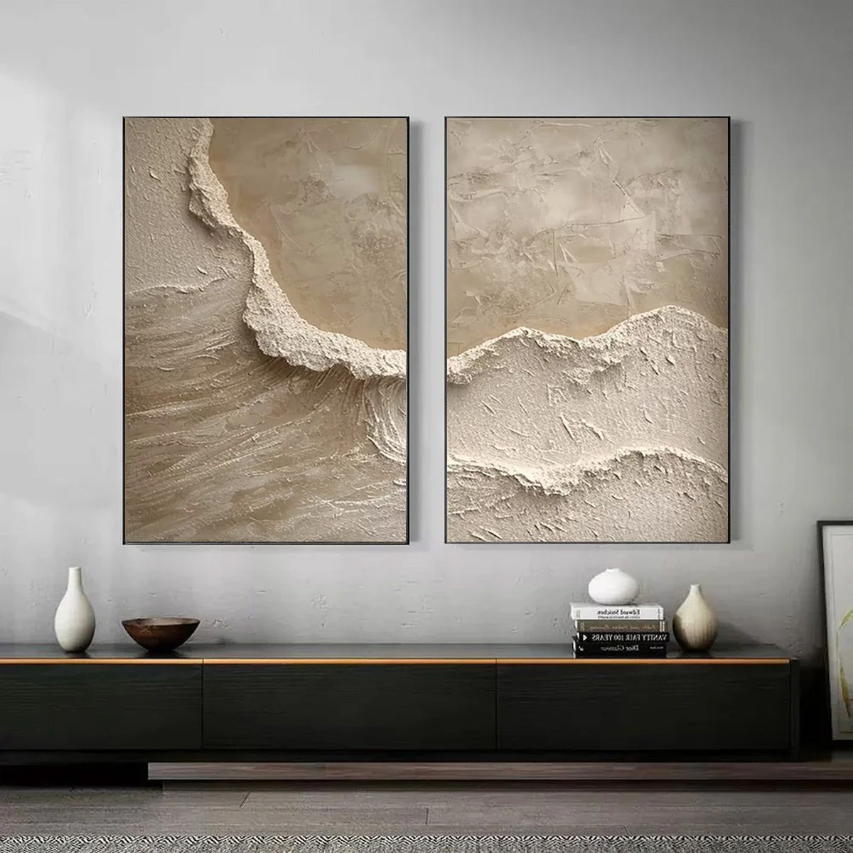 Echoes Of The Shore hand-painted beige and sand textured ocean wave painting shown with gold frame