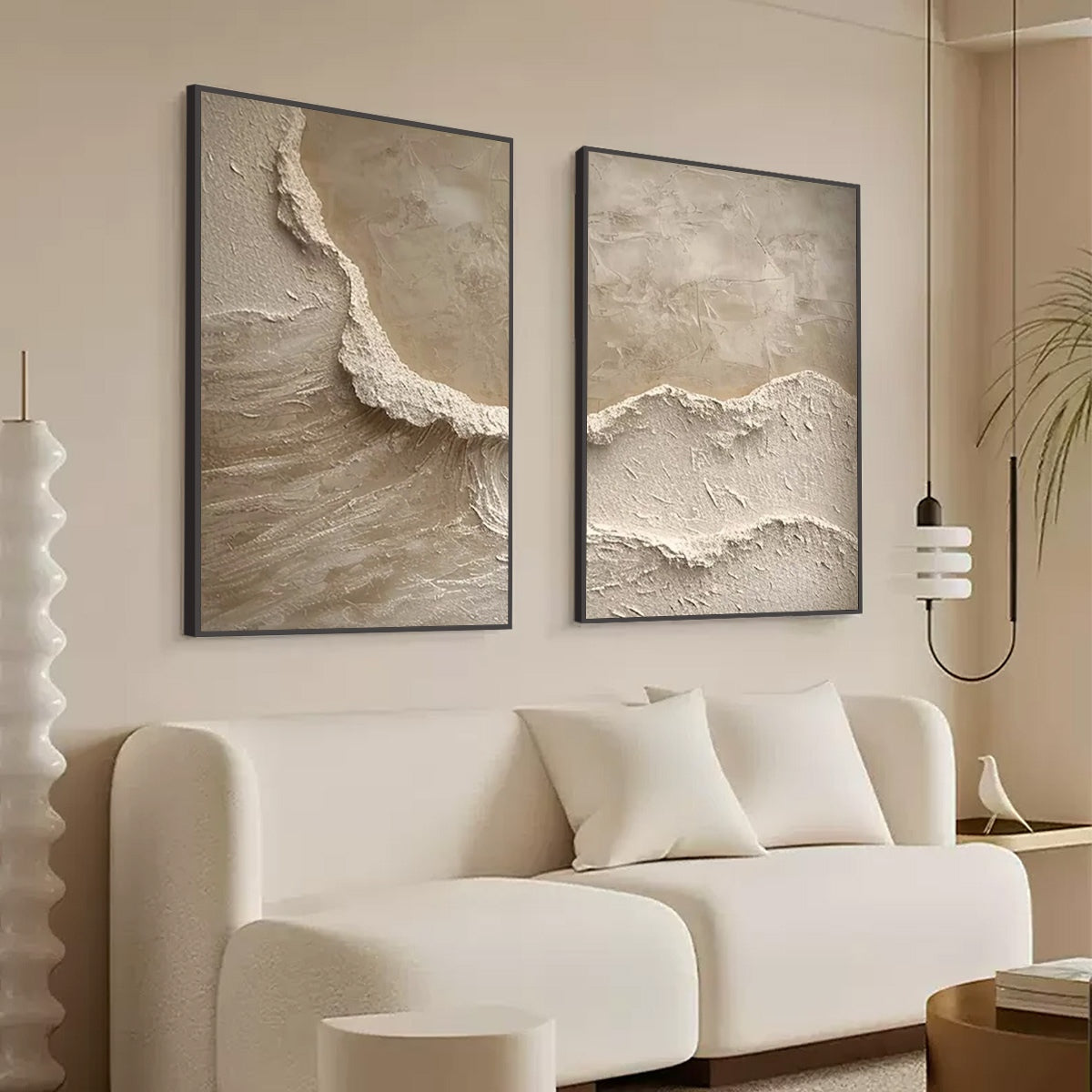 Echoes Of The Shore hand-painted beige and sand textured ocean wave painting shown with black frame