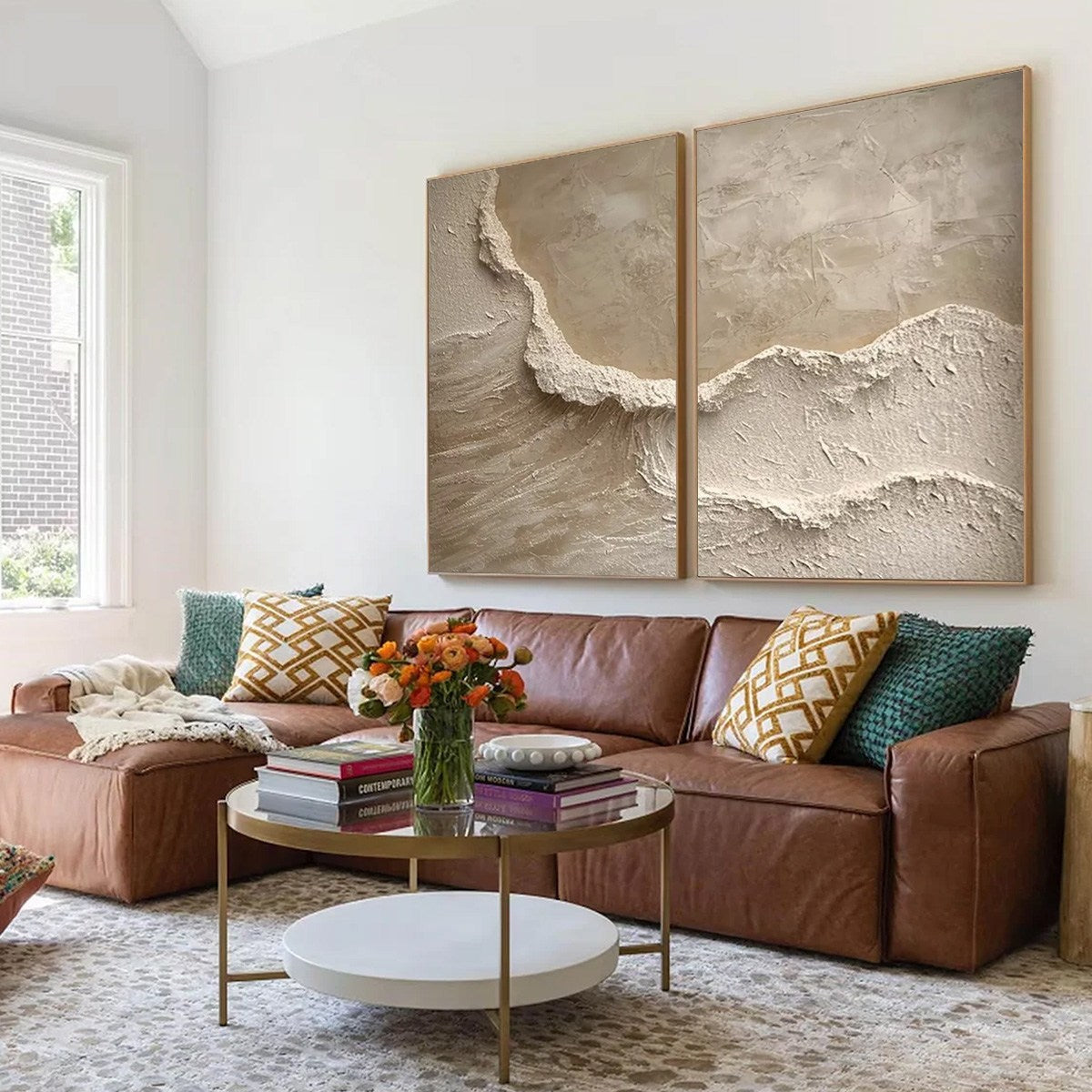 Echoes Of The Shore hand-painted beige and sand textured ocean wave painting shown with wood frame
