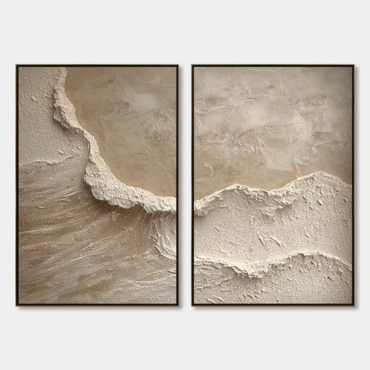 Echoes Of The Shore hand-painted beige and sand textured ocean wave painting rolled canvas option