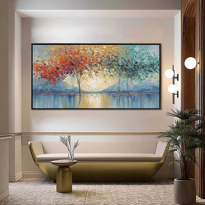 Ember and Jade hand-painted crimson, golden yellow, turquoise and violet textured forest landscape painting shown as stretched canvas