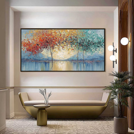 Ember and Jade hand-painted crimson, golden yellow, turquoise and violet textured forest landscape painting shown as stretched canvas