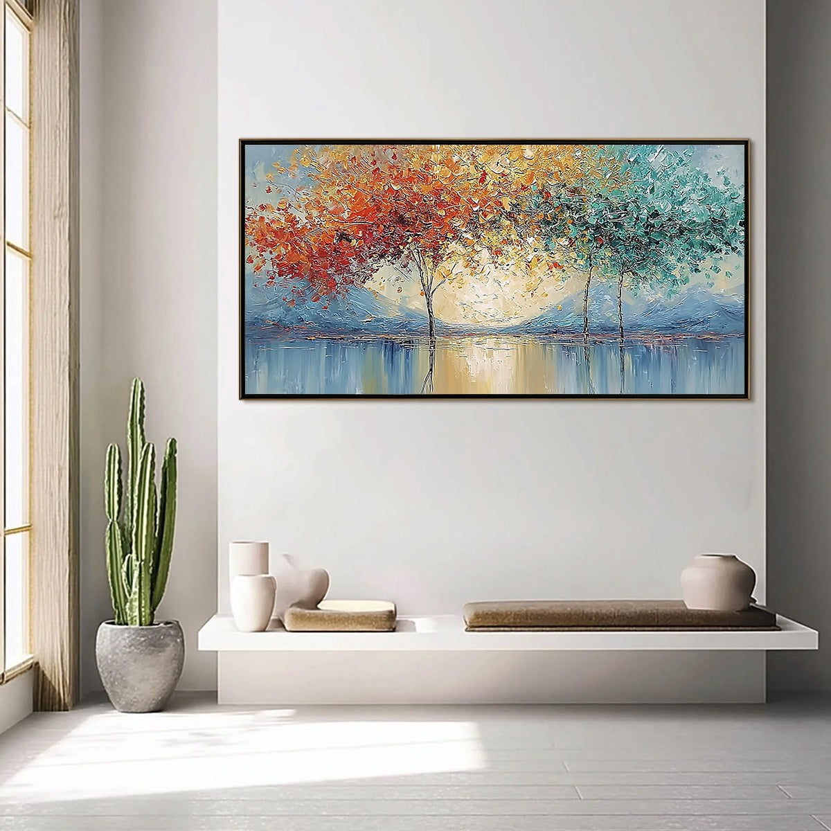 Ember and Jade hand-painted crimson, golden yellow, turquoise and violet textured forest landscape painting shown with silver frame