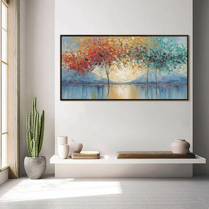 Ember and Jade hand-painted crimson, golden yellow, turquoise and violet textured forest landscape painting shown with silver frame