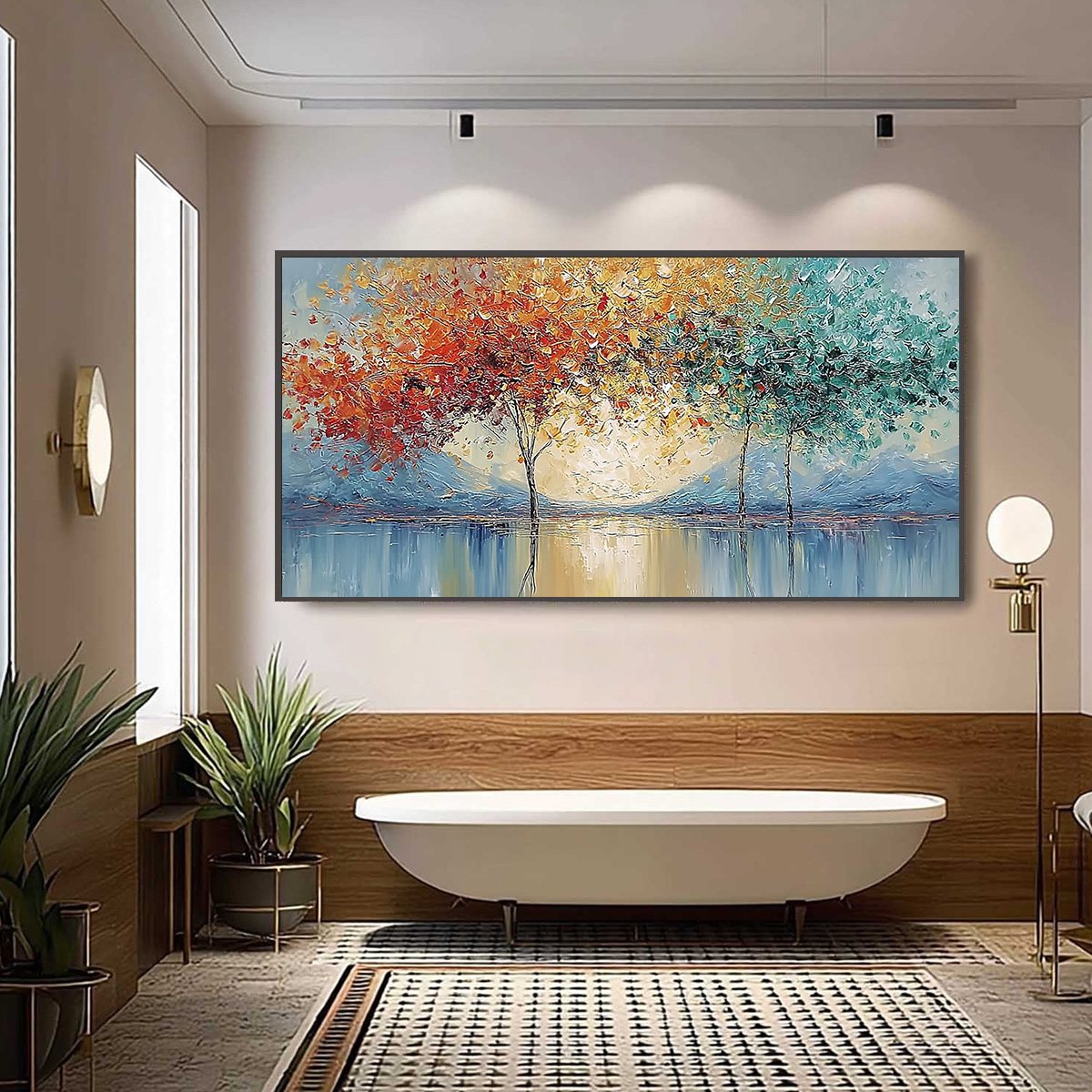Ember and Jade hand-painted crimson, golden yellow, turquoise and violet textured forest landscape painting shown with black frame