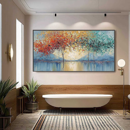 Ember and Jade hand-painted crimson, golden yellow, turquoise and violet textured forest landscape painting shown with black frame