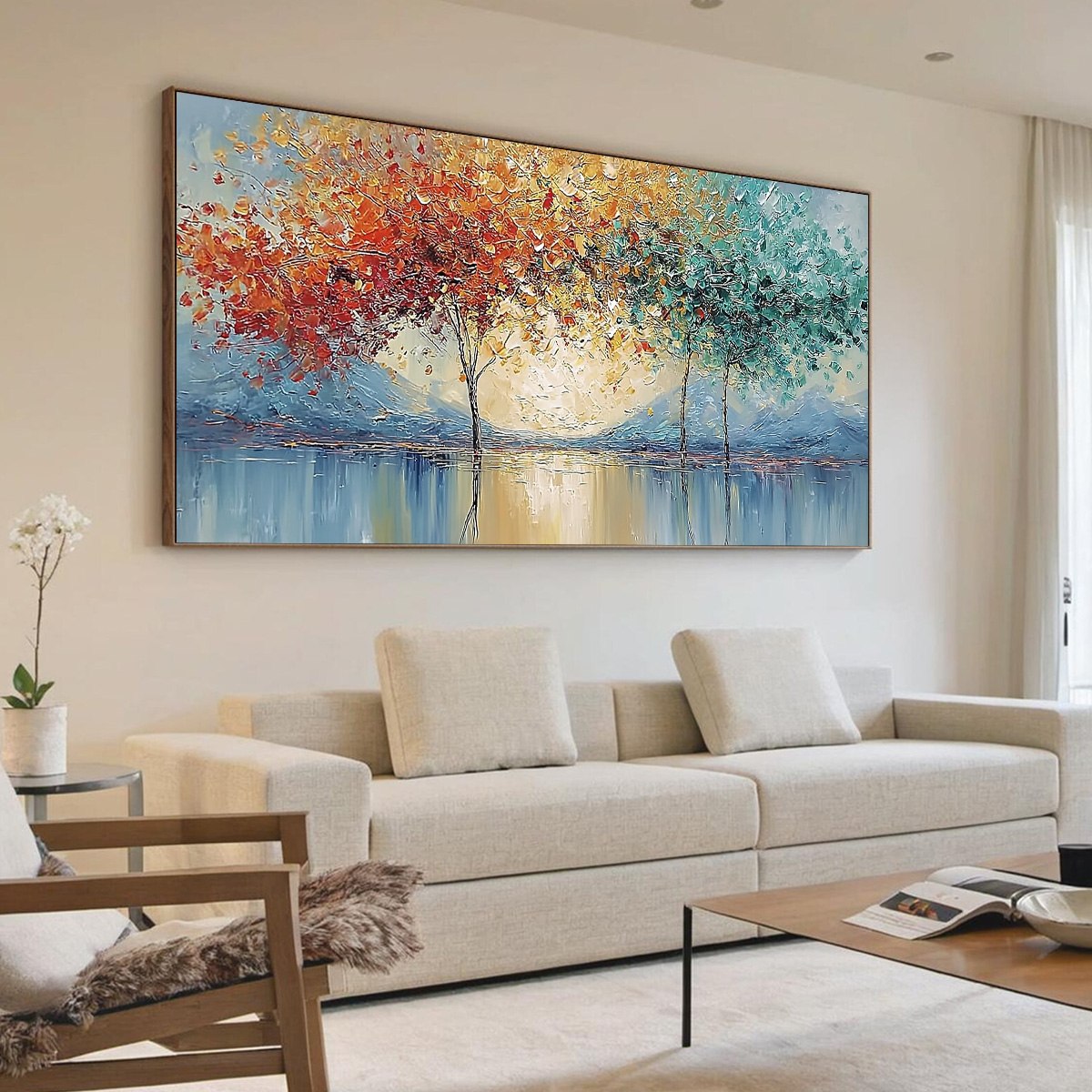 Ember and Jade hand-painted crimson, golden yellow, turquoise and violet textured forest landscape painting shown with wood frame