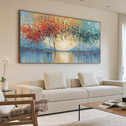 Ember and Jade hand-painted crimson, golden yellow, turquoise and violet textured forest landscape painting shown with wood frame