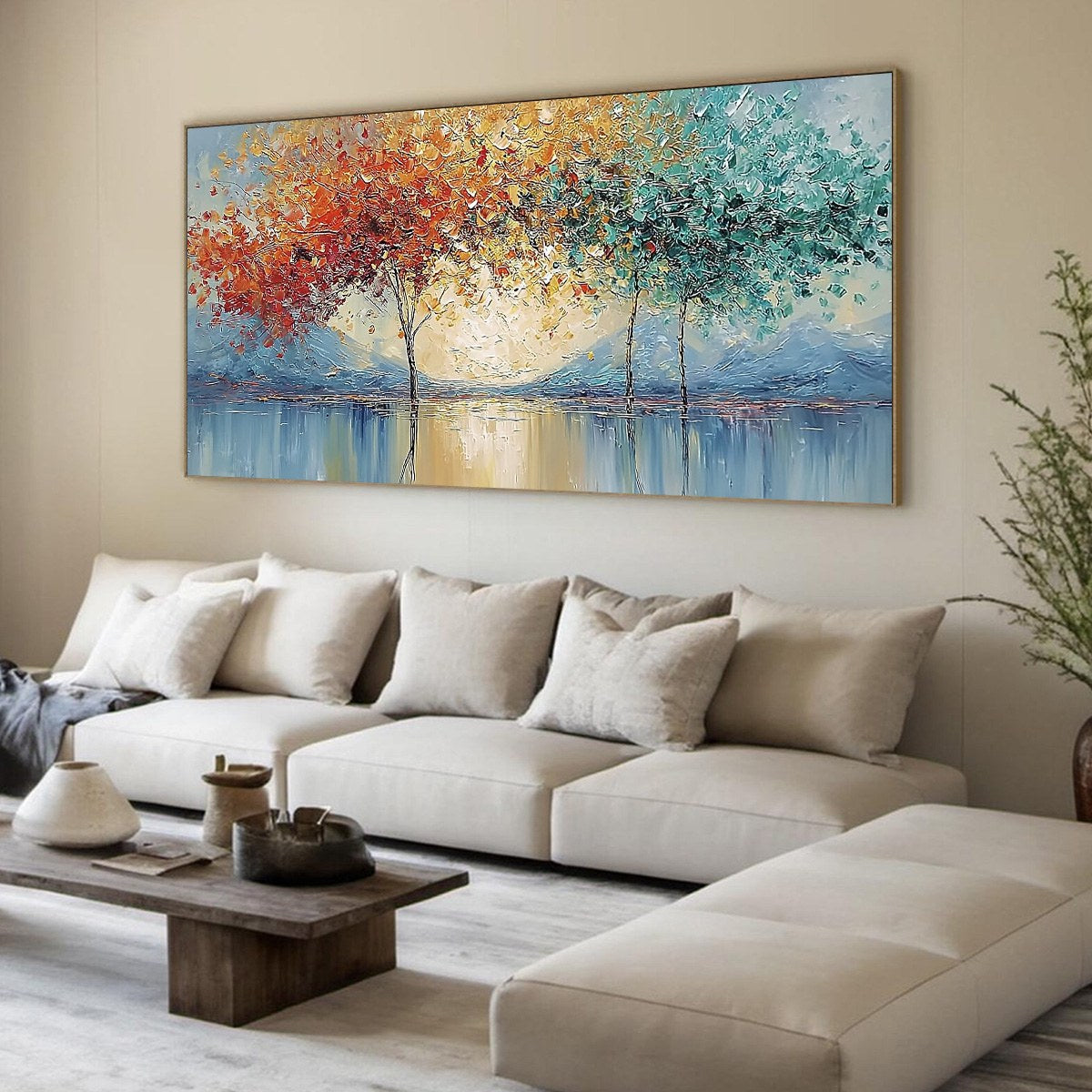 Ember and Jade hand-painted crimson, golden yellow, turquoise and violet textured forest landscape painting rolled canvas option