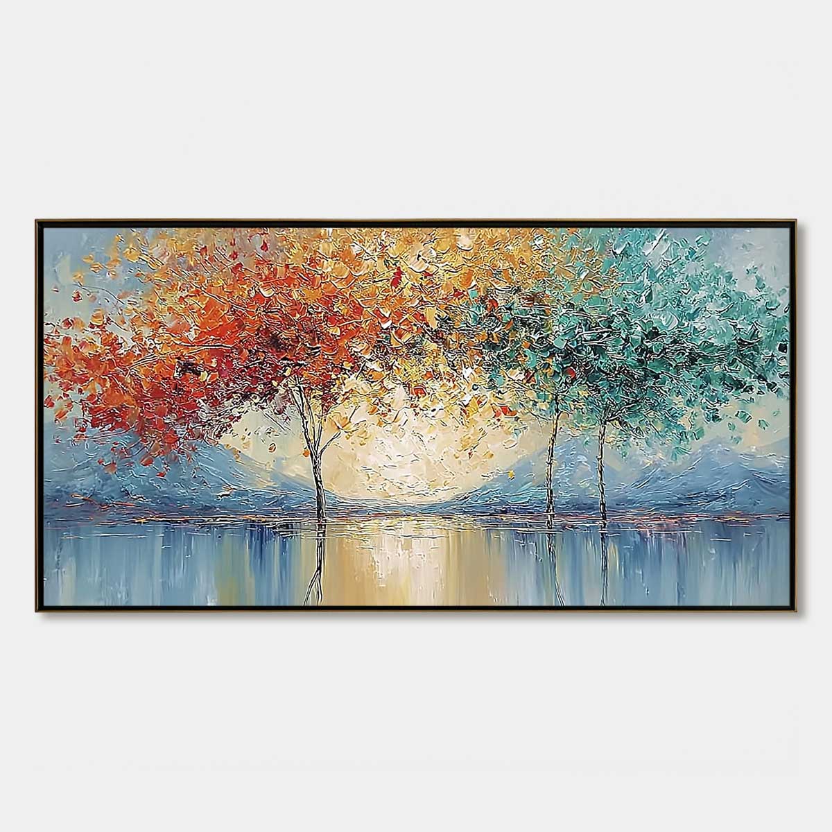 Ember and Jade hand-painted crimson, golden yellow, turquoise and violet textured forest landscape painting rolled canvas option