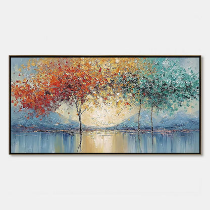 Ember and Jade hand-painted crimson, golden yellow, turquoise and violet textured forest landscape painting rolled canvas option