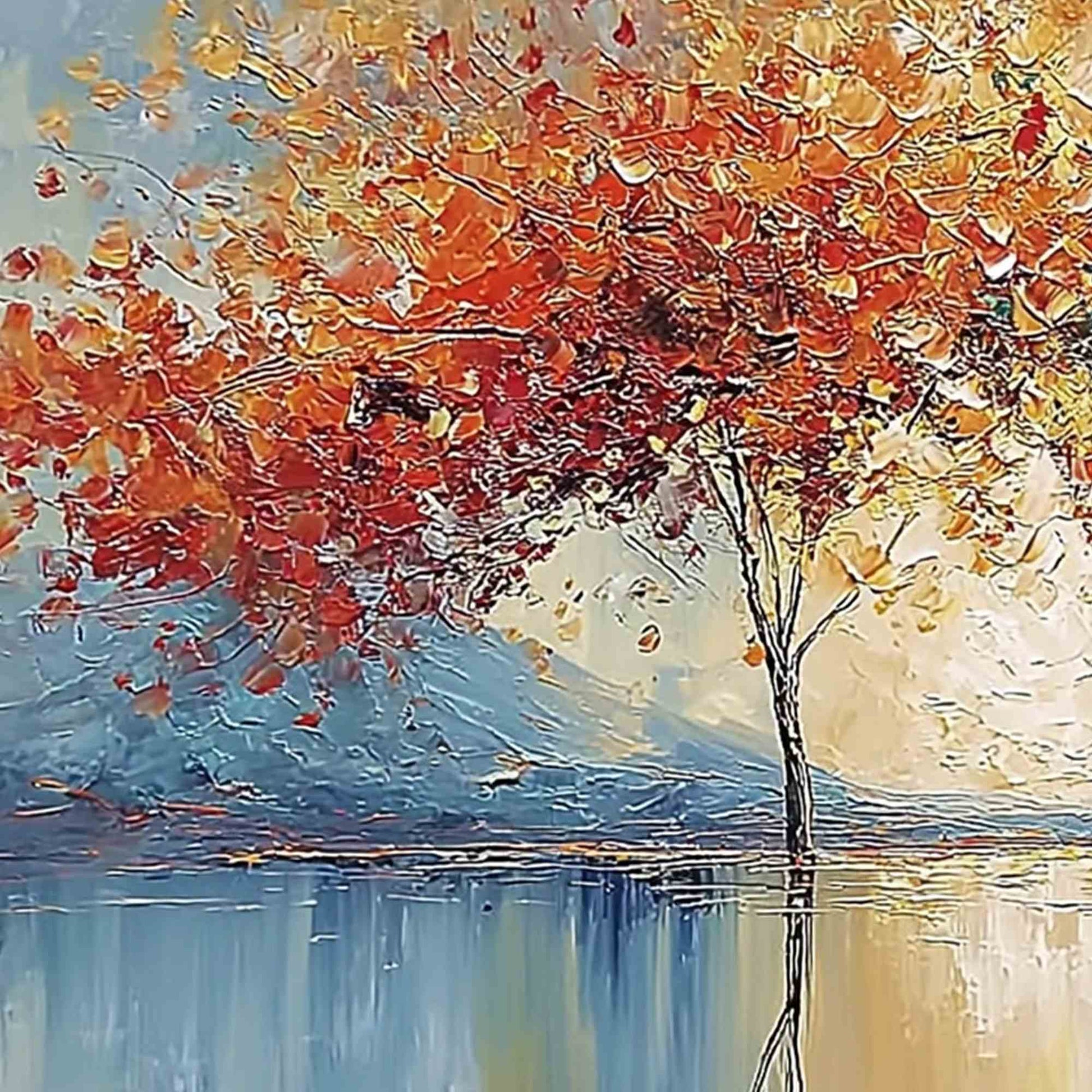 Ember and Jade hand-painted crimson, golden yellow, turquoise and violet textured forest landscape painting shown with gold frame