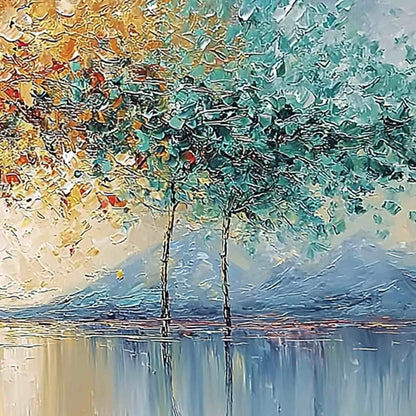 Ember and Jade hand-painted crimson, golden yellow, turquoise and violet textured forest landscape painting shown with white frame