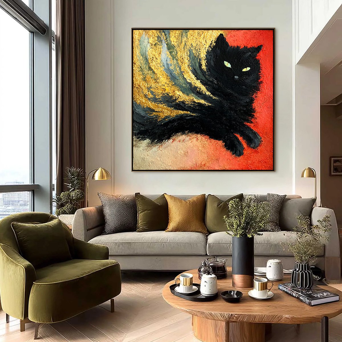 Gold and Red Abstract Cat Impasto Oil Painting – Ember Eyes