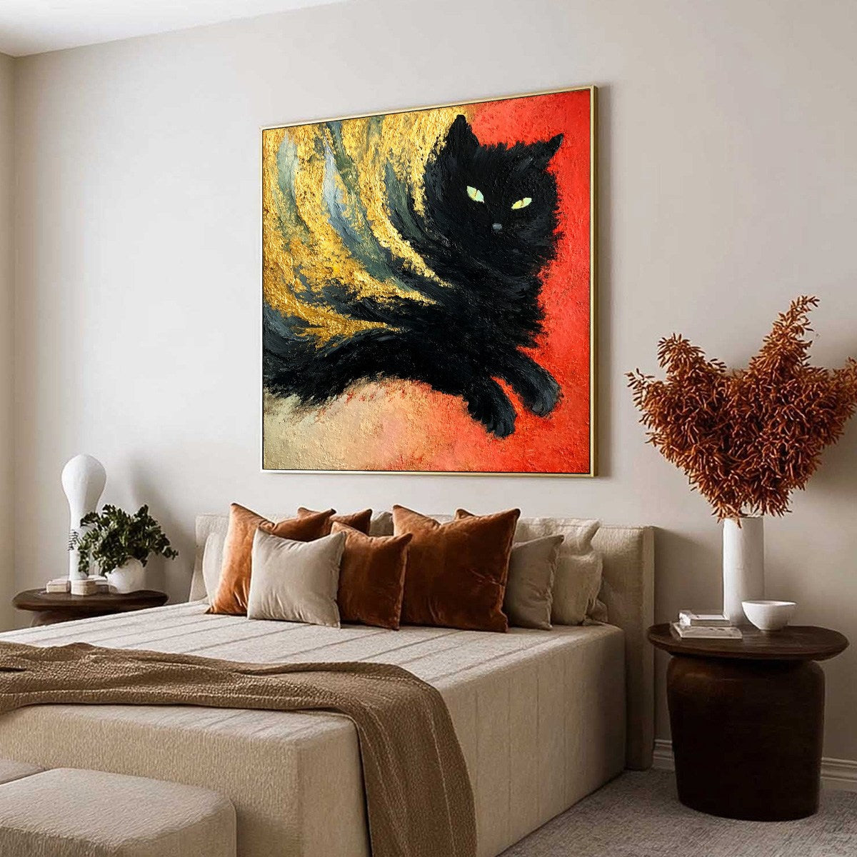 Gold and Red Abstract Cat Impasto Oil Painting – Ember Eyes