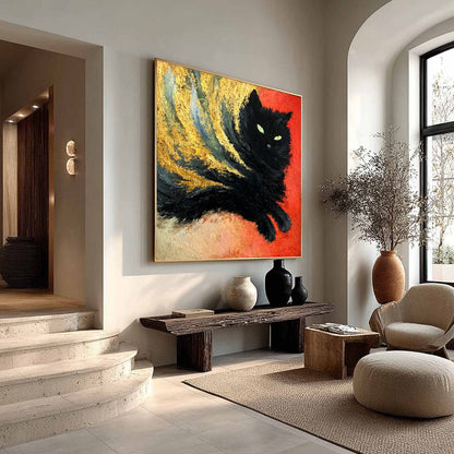 Gold and Red Abstract Cat Impasto Oil Painting – Ember Eyes