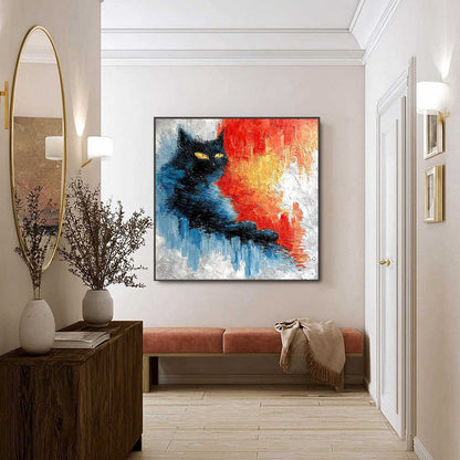 Black Cat Impasto Oil Painting – Ember Eyes