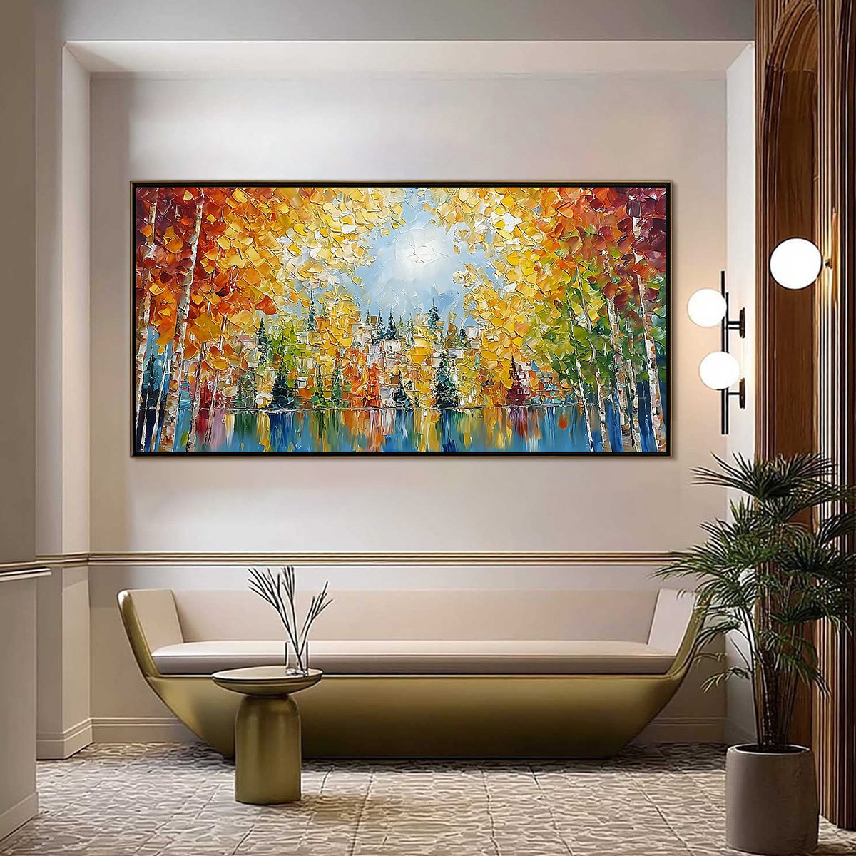 Emberglow Forest hand-painted gold and orange textured forest landscape painting shown with silver frame