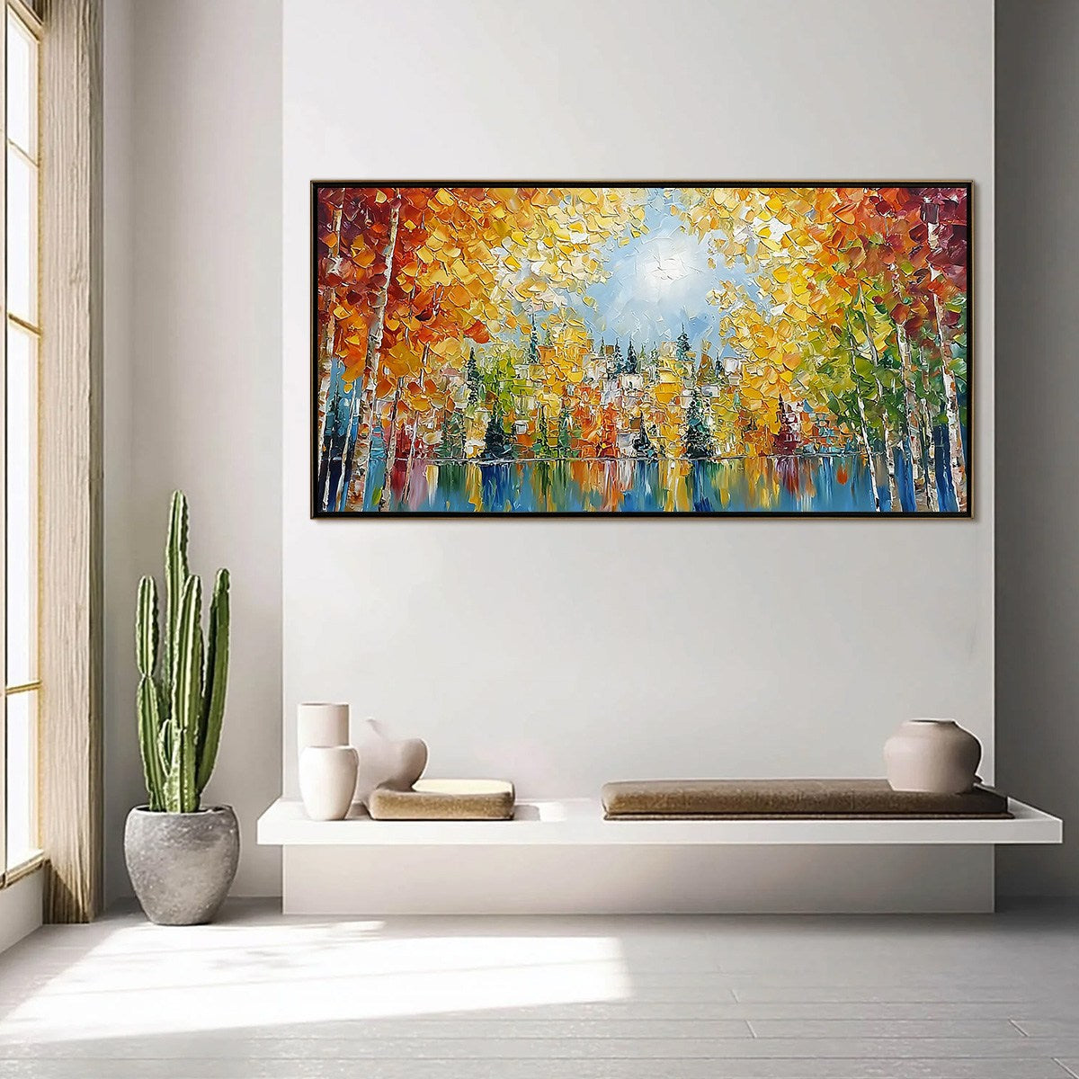 Emberglow Forest hand-painted gold and orange textured forest landscape painting shown with black frame