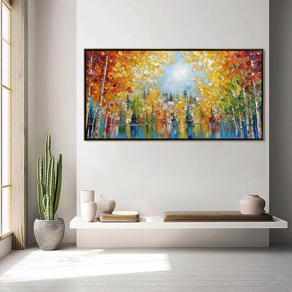 Emberglow Forest hand-painted gold and orange textured forest landscape painting shown with black frame