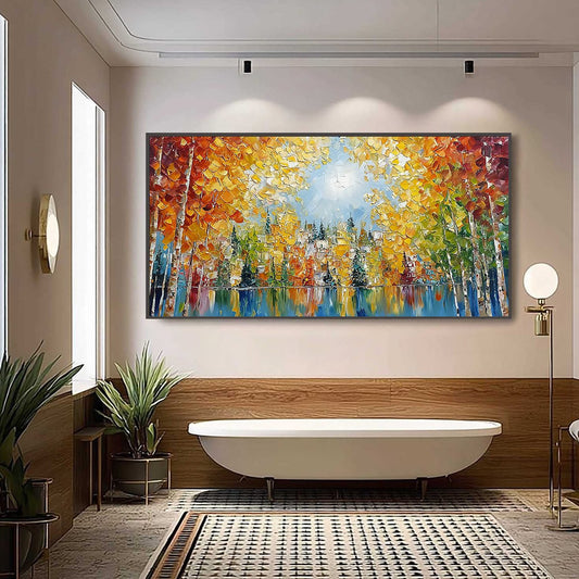 Emberglow Forest hand-painted gold and orange textured forest landscape painting shown as stretched canvas