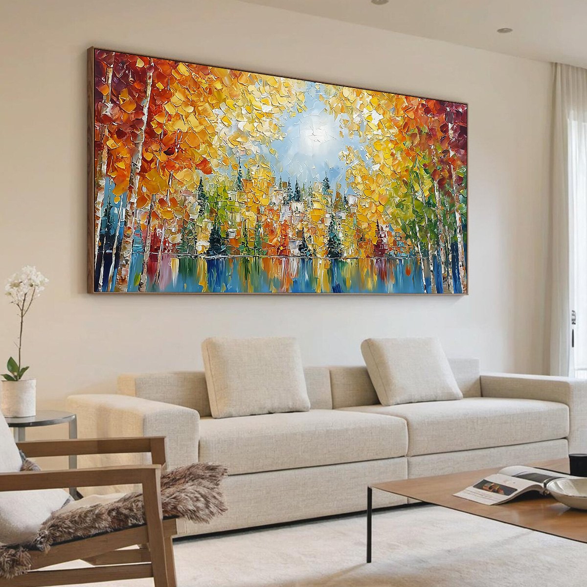 Emberglow Forest hand-painted gold and orange textured forest landscape painting shown with wood frame