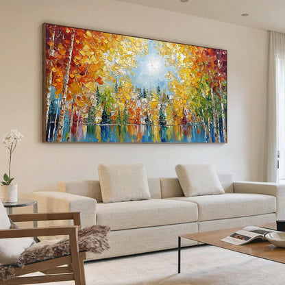 Emberglow Forest hand-painted gold and orange textured forest landscape painting shown with wood frame
