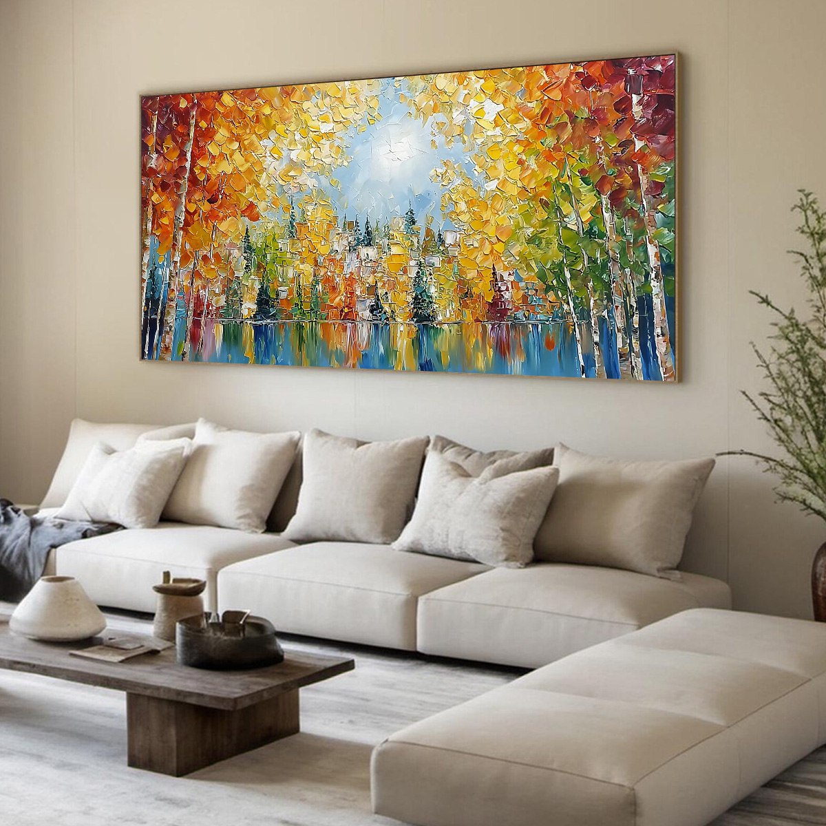 Emberglow Forest hand-painted gold and orange textured forest landscape painting rolled canvas option