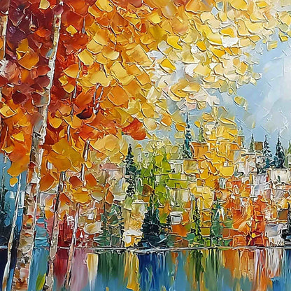 Emberglow Forest hand-painted gold and orange textured forest landscape painting shown with white frame