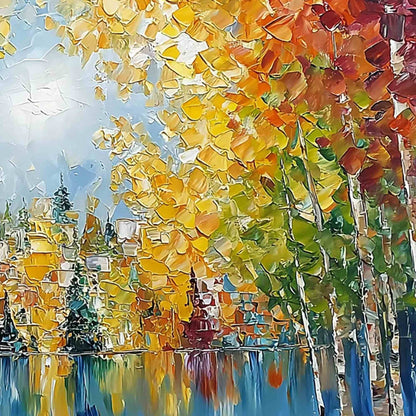Emberglow Forest hand-painted gold and orange textured forest landscape painting shown with gold frame