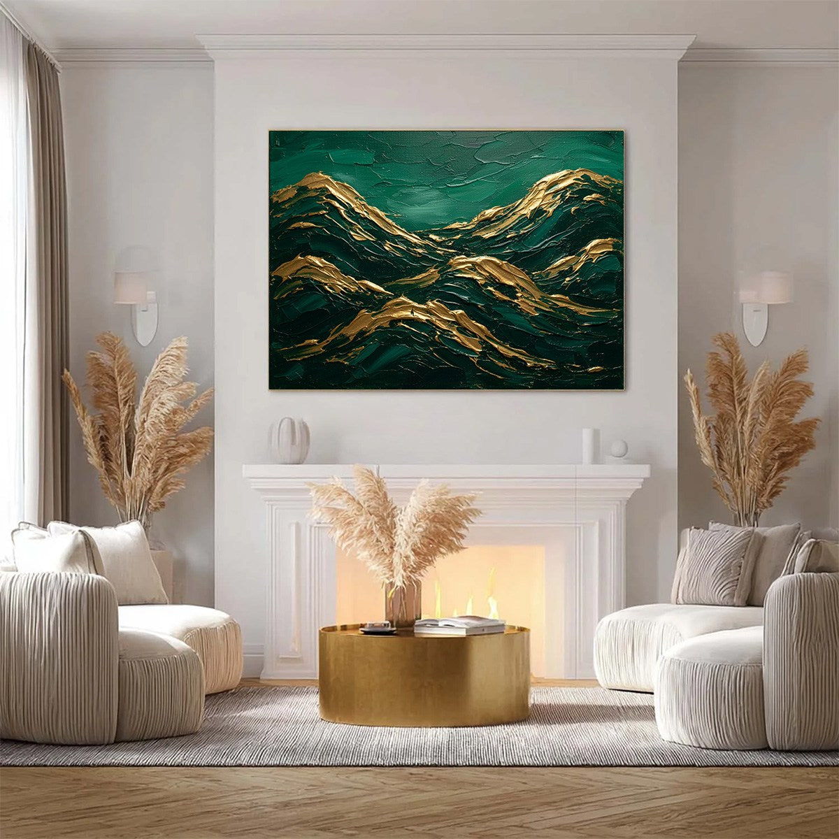 Emerald Crests hand-painted emerald green and gold textured abstract mountain painting shown with silver frame