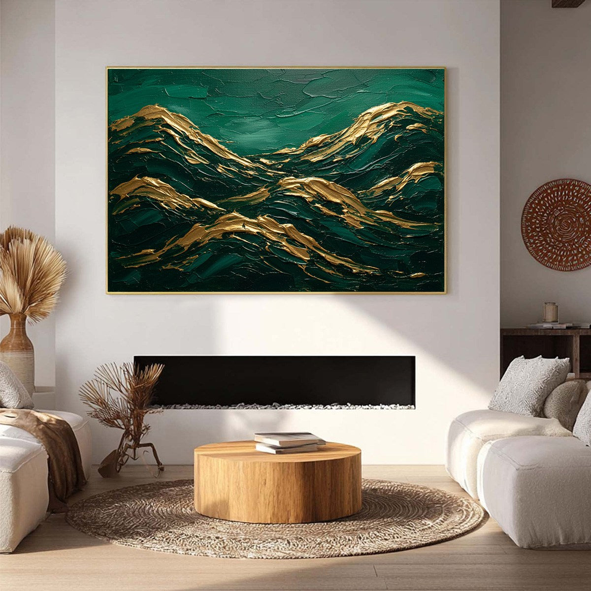 Emerald Crests hand-painted emerald green and gold textured abstract mountain painting shown as stretched canvas