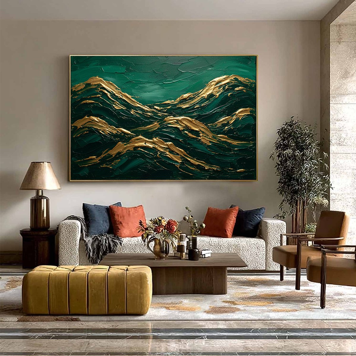 Emerald Crests hand-painted emerald green and gold textured abstract mountain painting shown with black frame