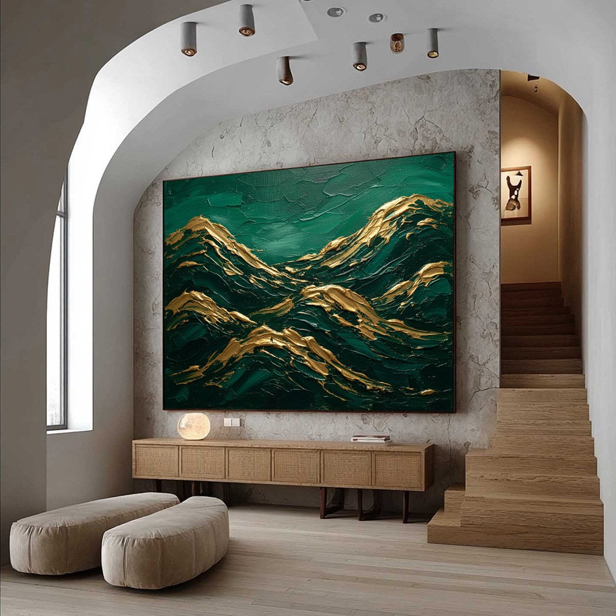 Emerald Crests hand-painted emerald green and gold textured abstract mountain painting shown with wood frame
